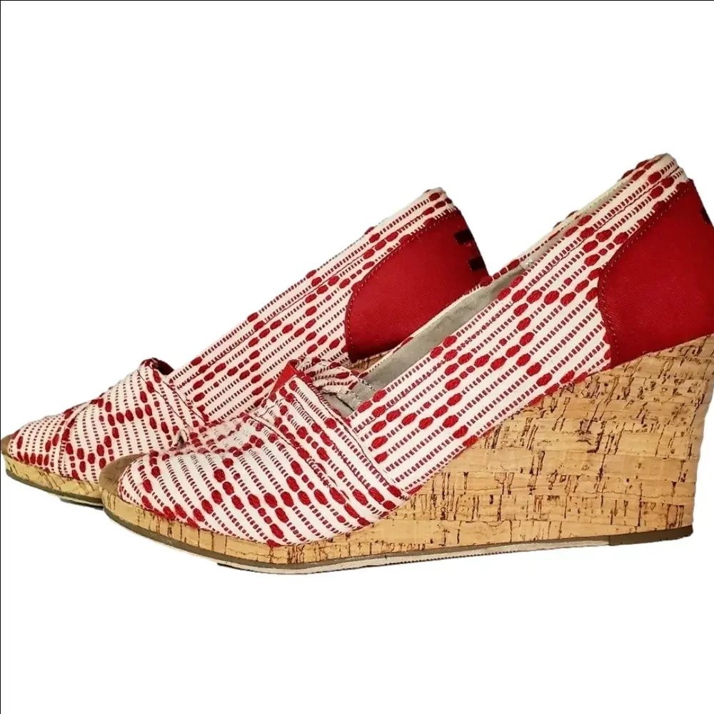 TOMS Scarlett Red Cream Cheron Woven Peep Toe Cork Wedge Size 10 EUC